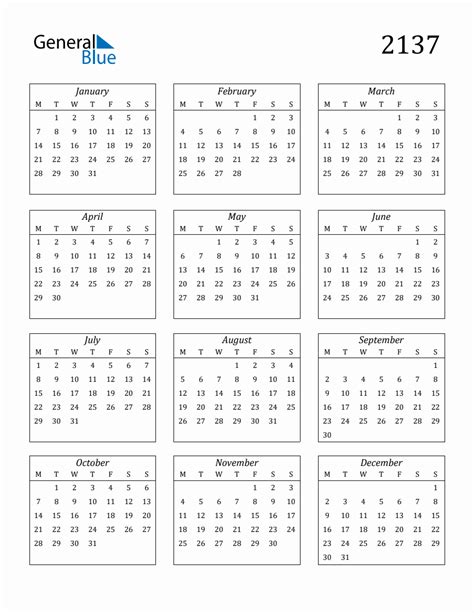 2137 Blank Yearly Calendar Printable
