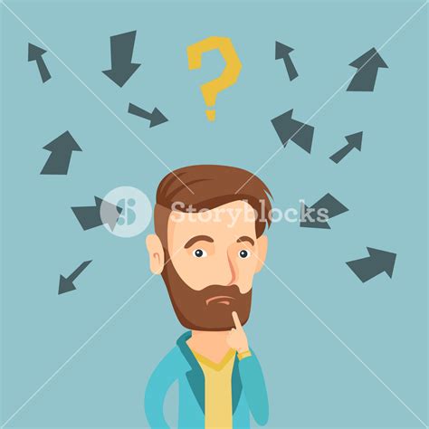 Caucasian Business Man Standing Under Question Mark And Arrows