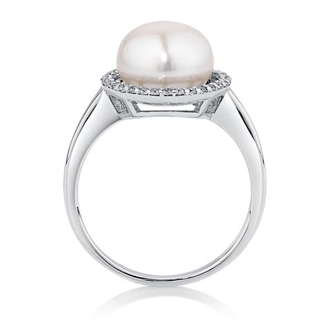 Ring With Cultured Freshwater Pearl And Cubic Zirconia In Sterling Silver