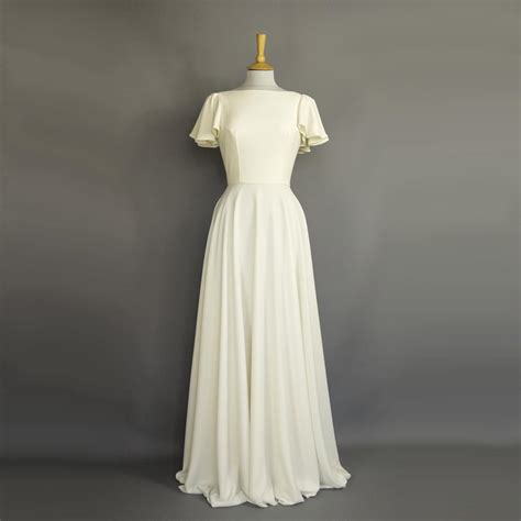 Loretta Ivory Crepe Wedding Gown Full Length With Butterfly Sleeves