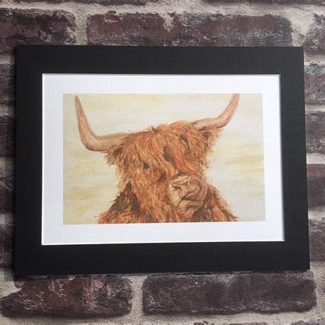 Highland Cow Print Mounted In Black Or White A4 By Dugeareddesign On