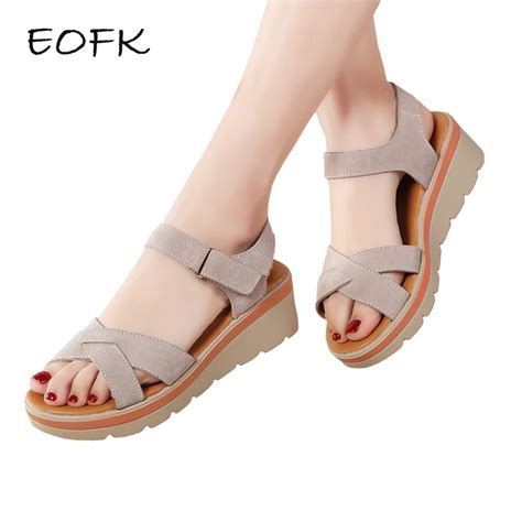 Eofk New 2019 Summer Women Sandals Comfortable Suede Leather Flat Sandals Lady Shoes Woman