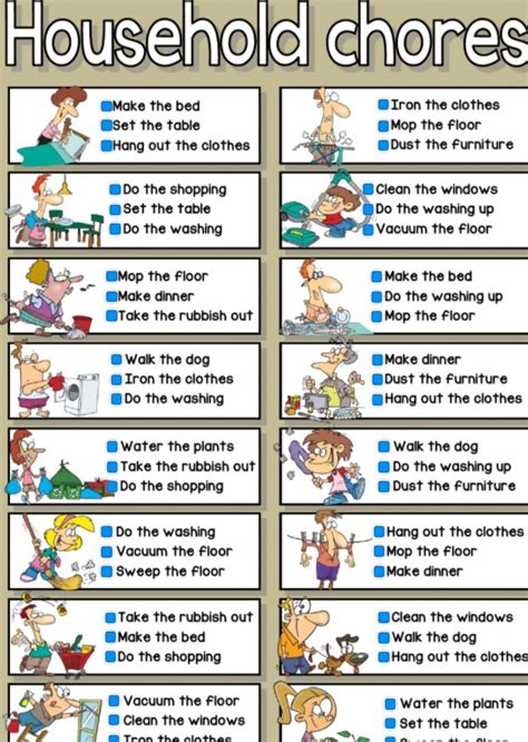 household chores worksheets en english as a second language esl