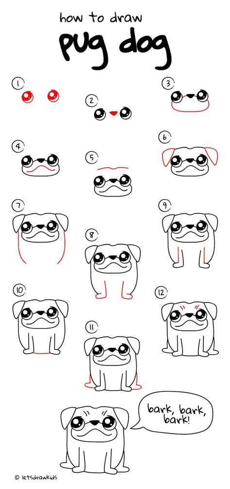 A collection of easy drawing lessons on drawing animals for beginners. How to draw Pug dog. Easy drawing, step by step, perfect ...