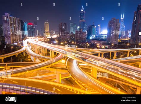 Elevated Road Junction Panorama In Shanghai At Duskchina Stock Photo