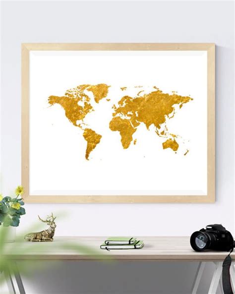 Printable Gold World Map Traveler T Gold Foil Poster Modern Decor