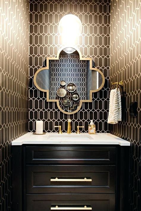 Powder Room Wallpaper Bathroom Vanity Lighting Transitional Black And