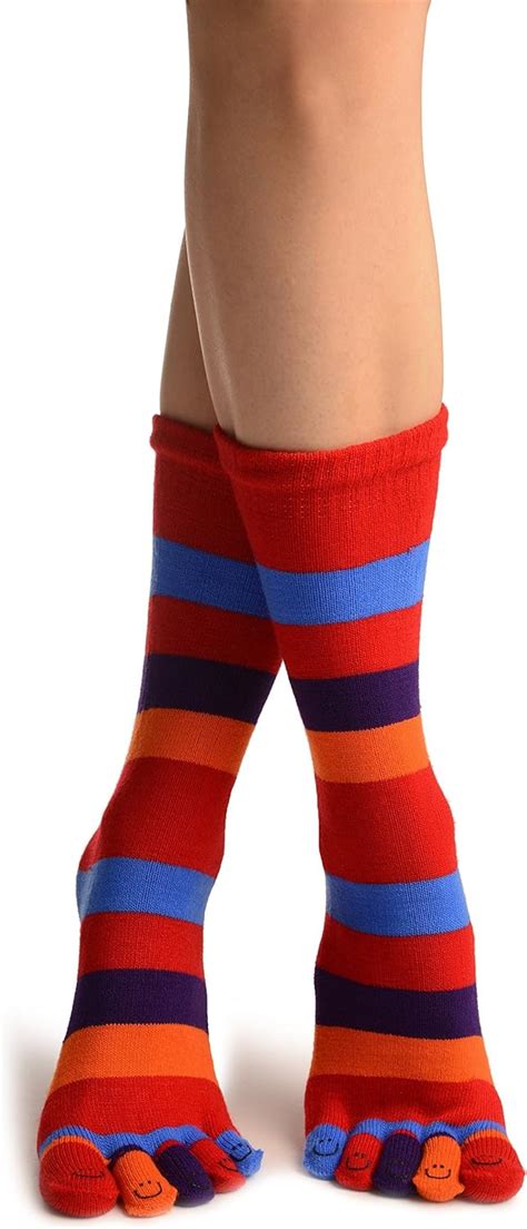 Rainbow Stripes And Printed Smiles Ankle High Toe Socks Multicoloured