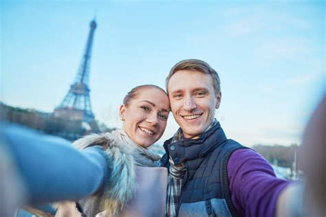 Happy Couple Tourists Taking Selfie Near Eiffel Tower Paris Stock