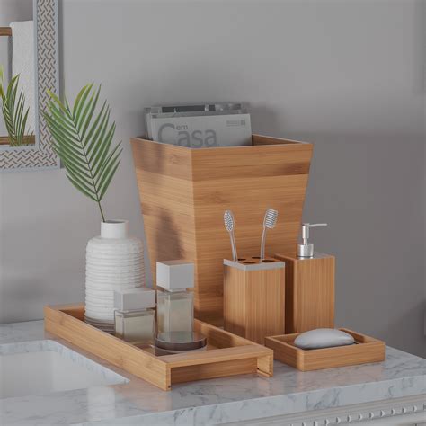 Bamboo Bath Accessories 5 Piece Set Natural Wood Tray Lotion Dispenser