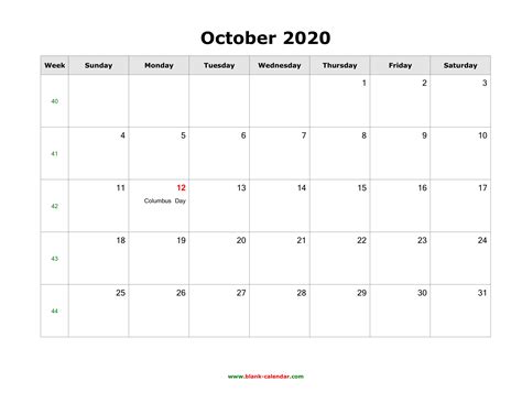 Download October 2020 Blank Calendar With Us Holidays Horizontal