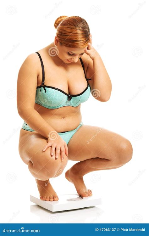 Fat Woman Squats On Scale Stock Image Image Of Obesity