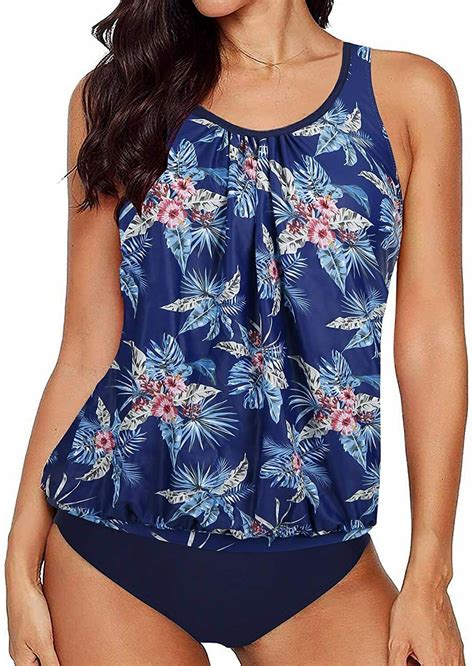 Yonique Womens 2 Piece Blouson Tankini Swimsuits Floral Bathing Suit