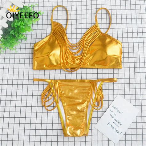 Oiyeefo Shiny Gold Silvery Metallic Bikini Women Beach May Plus Size