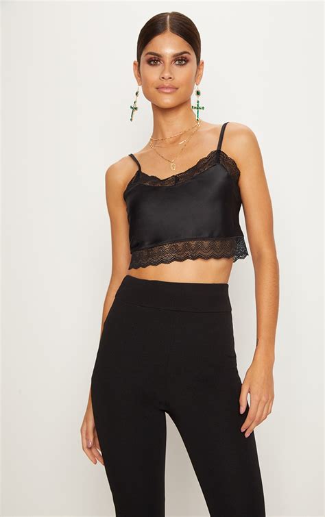 Black Satin Lace Trim Crop Top Tops Prettylittlething Usa