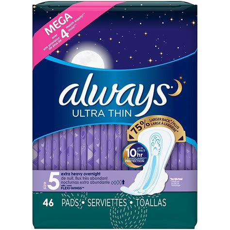 Always Ultra Thin Size 5 Extra Heavy Overnight Unscented 46 Pads