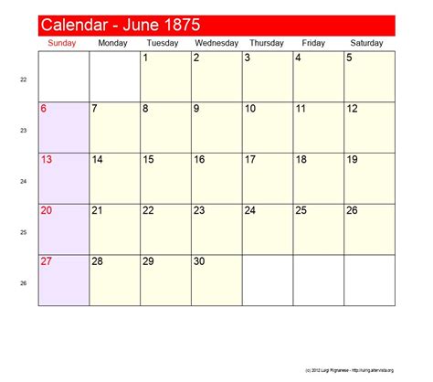 June 1875 Roman Catholic Saints Calendar
