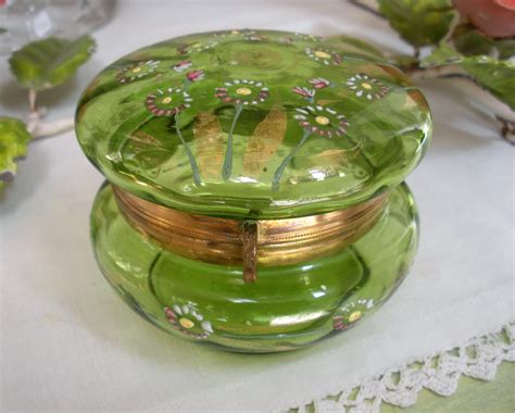Antique Green Glass Powder Jar Hand Painted Enamel Floral Etsy Green Glass Glass Antiques