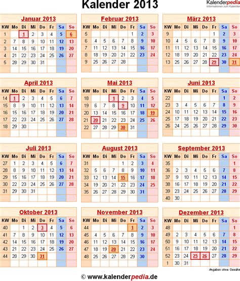 Kalender 2013 Mit Excelpdfword Vorlagen Feiertagen Ferien Kw