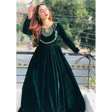 Green Velvet Embroidery Work Gown Pakistani Wedding Outfits Pakistani