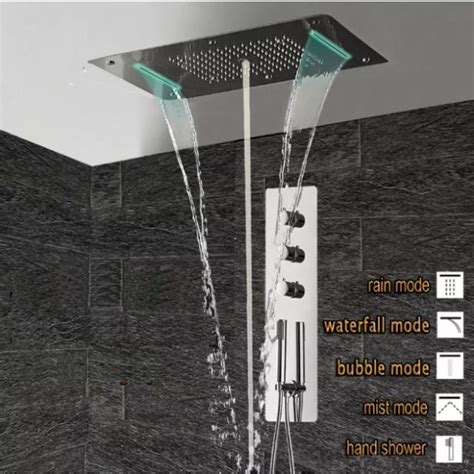 Rain shower system sale buy led shower, recessed rain shower head, led shower head, color changing led shower system, rain shower head with temperature control sensor today at an affordable price and add new experience to every day's showering with an outstanding collection of. Super Luxury Shower 5 Function Recessed Ceiling Mount LED ...