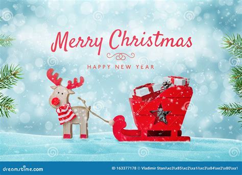 Merry Christmas Greeting Card With Cute Toy Of Santa S Reindeer Sleigh