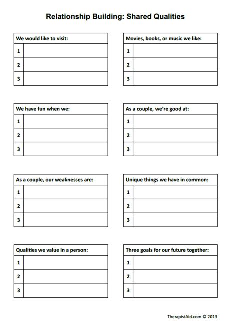 Relationship Building Shared Qualities Worksheet Therapist Aid Couples Therapy Worksheets