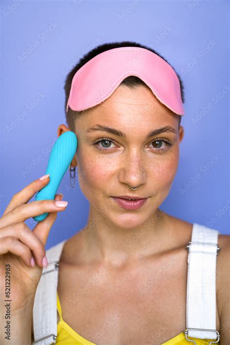 Freckled Woman Wearing Sleep Pink Mask Posing With Sex Self Clit And Vagina Stimulation Stock