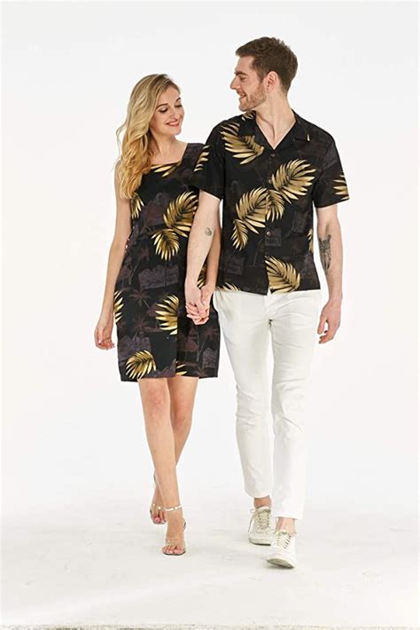 Couple Matching Hawaiian Luau Outfit Aloha Shirt Tank Dress In Black
