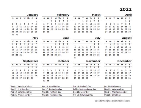 2022 Yearly Calendar Template With Us Holidays Free