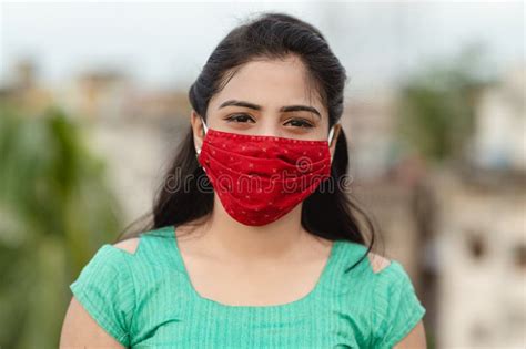 Asian Indian Woman Wearing Face Mask Against Pollution Coronavirus
