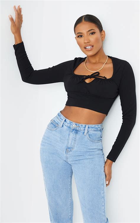black long sleeve tie front crop top tops prettylittlething usa