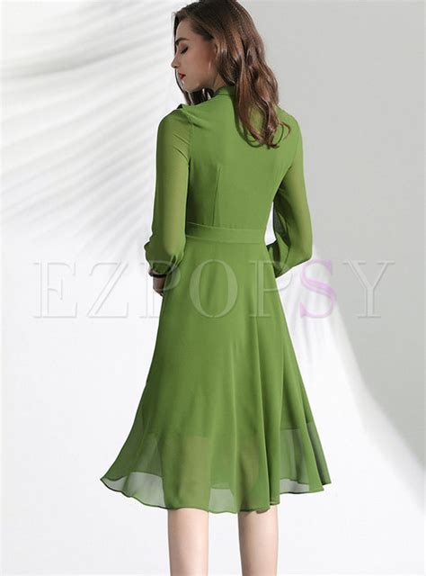 Dresses Skater Dresses Pure Color Stand Collar High Waist Midi Dress