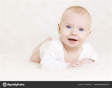 Baby Boy In White Happy Newborn Infant Kid Portrait Cute Child Stock