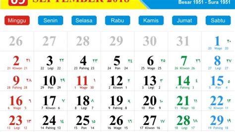Kalender September 2018 Lengkap Dengan Pasaran Jawa