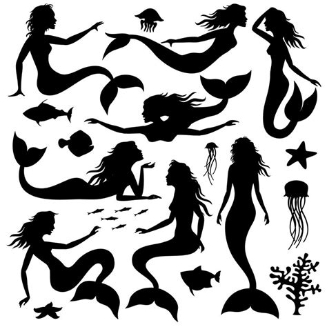 Swimming Underwater Mermaid Black Vector Silhouettes By Microvector