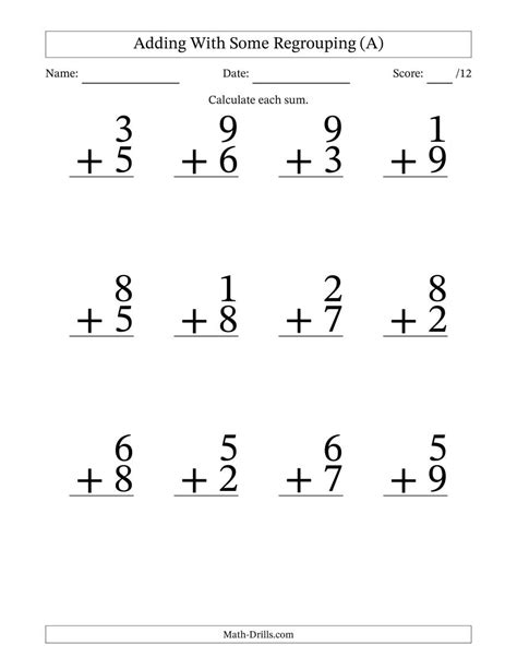 Printable in convenient pdf format. Single Digit Addition -- Some Regrouping -- 12 per page (A)