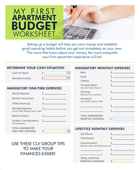 Beginner First Apartment Budget Worksheet