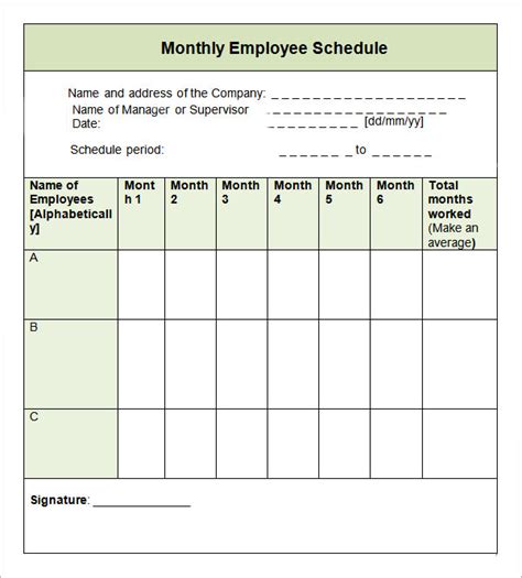 Monthly Employee Schedule Template Sampletemplatess Sampletemplatess