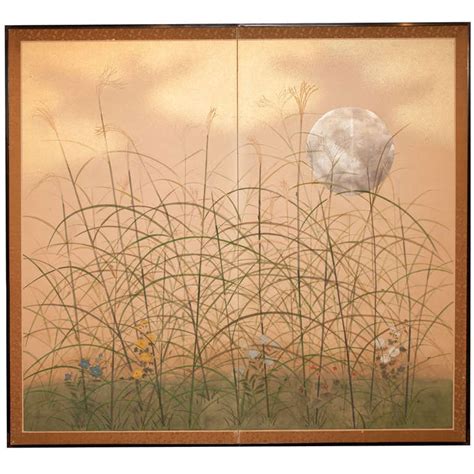 Japanese Two Panel Screen Silver Moon And Wild Grasses At