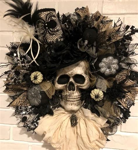 Skeleton Wreath Skull Wreath Halloween Wreath Rag Bow Etsy Scary