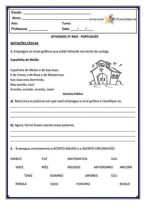 Língua Portuguesa 5°ano Atividade Para Trabalhar Acentuação Gráfica