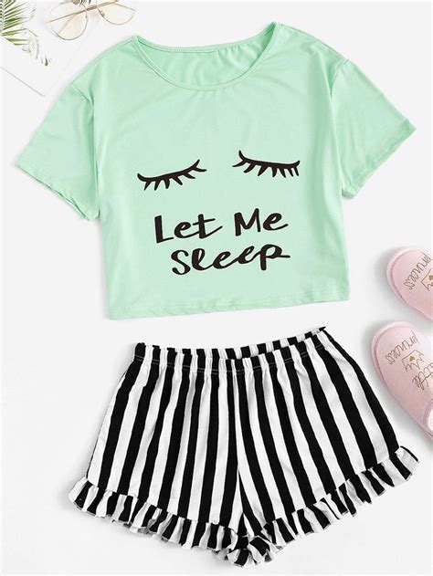 Graphic Tee And Frilled Striped Shorts Pj Set Cute Pajama Sets Short Pj Set Cute Sleepwear
