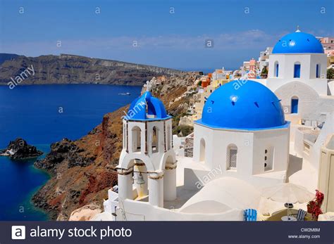 Blue Dome Whitewash Buildings Oia Santorini Greece Island