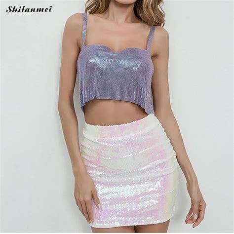 Sexy Backless Sequin Chain Camis Women Purple Rhinestone Club Party Camisole Strapless Cami Crop