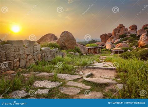 Ancient Ruins In Hampi On Sunset India Stock Photo Image Of India