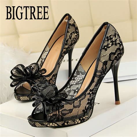 Bigtree Sexy Black Lace Mesh High Heels Pumps Peep Toe Women Lace Flower Bow Tie Stiletto Heel