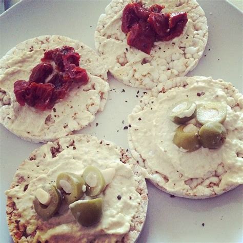 Beat with electric mixer or rotary beater until very thick and light. Lunch. Rice cakes with houmous, sun-dried tomatoes ...