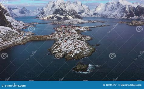 Reine Village And Mountains In Winter Lofoten Islands Norway Aerial