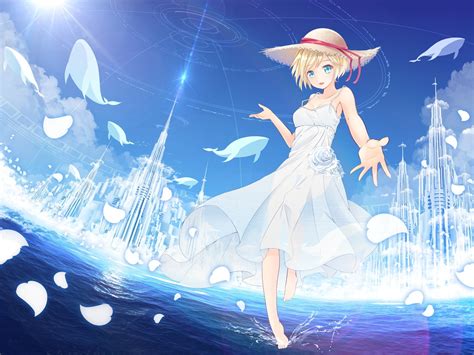 anime sky hat water barefoot clouds anime girls blonde cleavage dress short hair